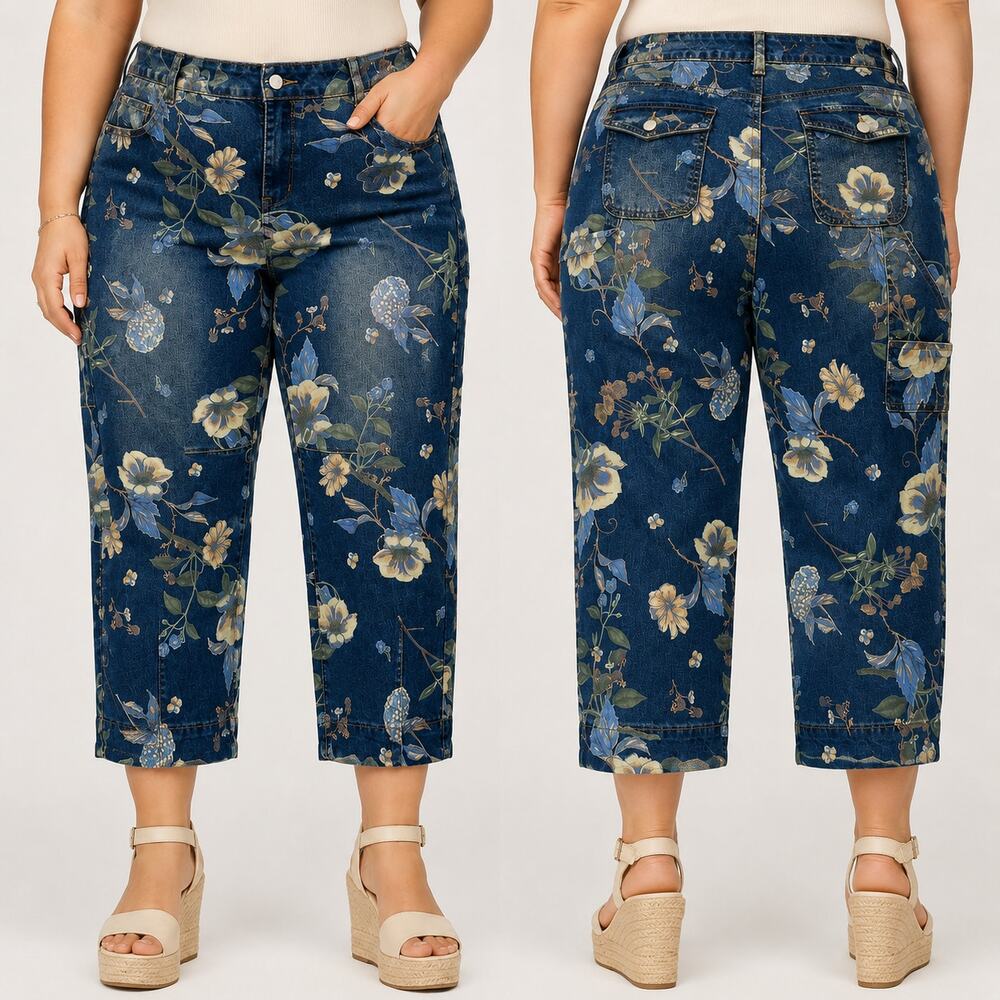 Flamingals Wash Floral Print Flap Pocket Mid Rise Barrel Leg Crop Jeans 2XL NEW